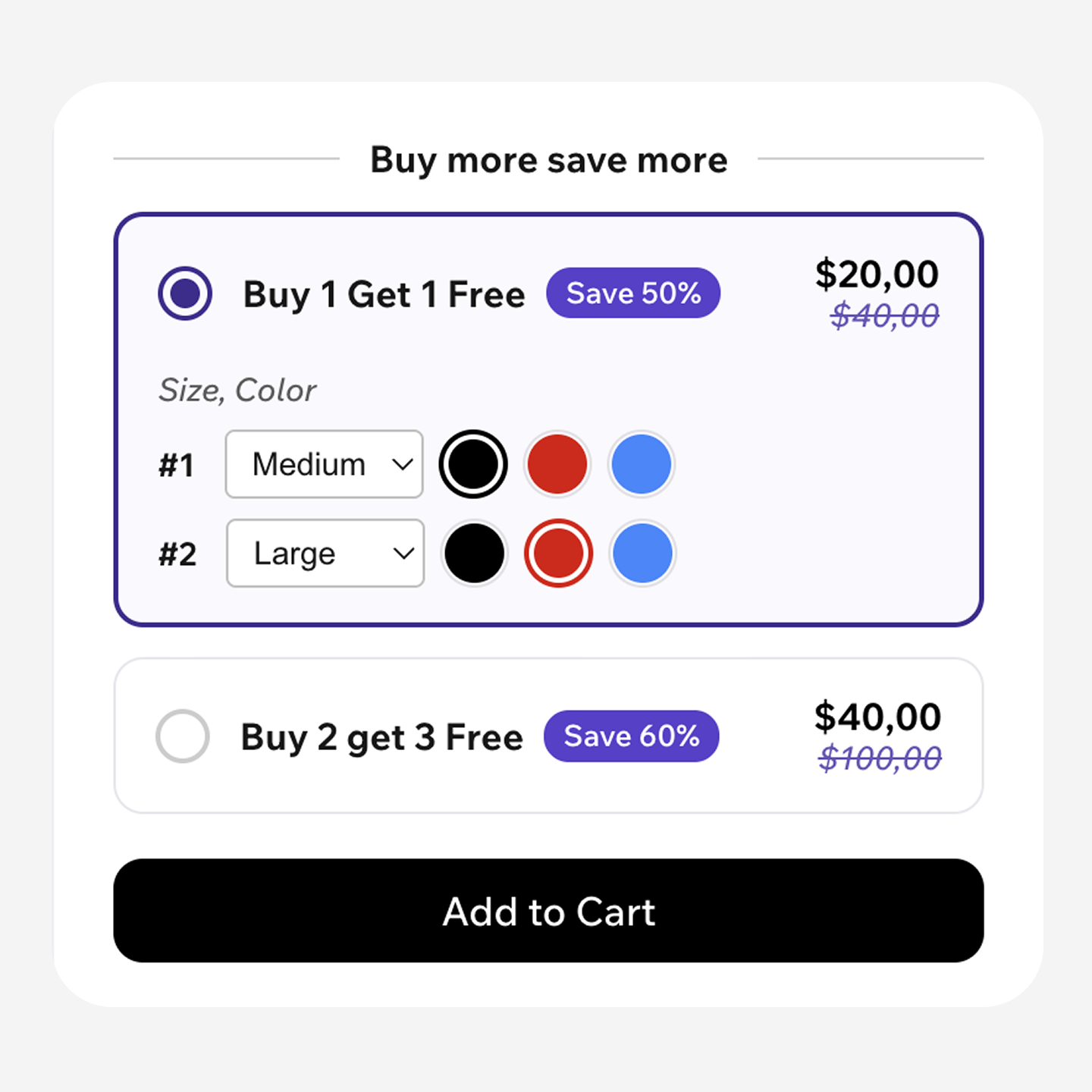 BOGO bundle widget showing buy one get one free deal tiers