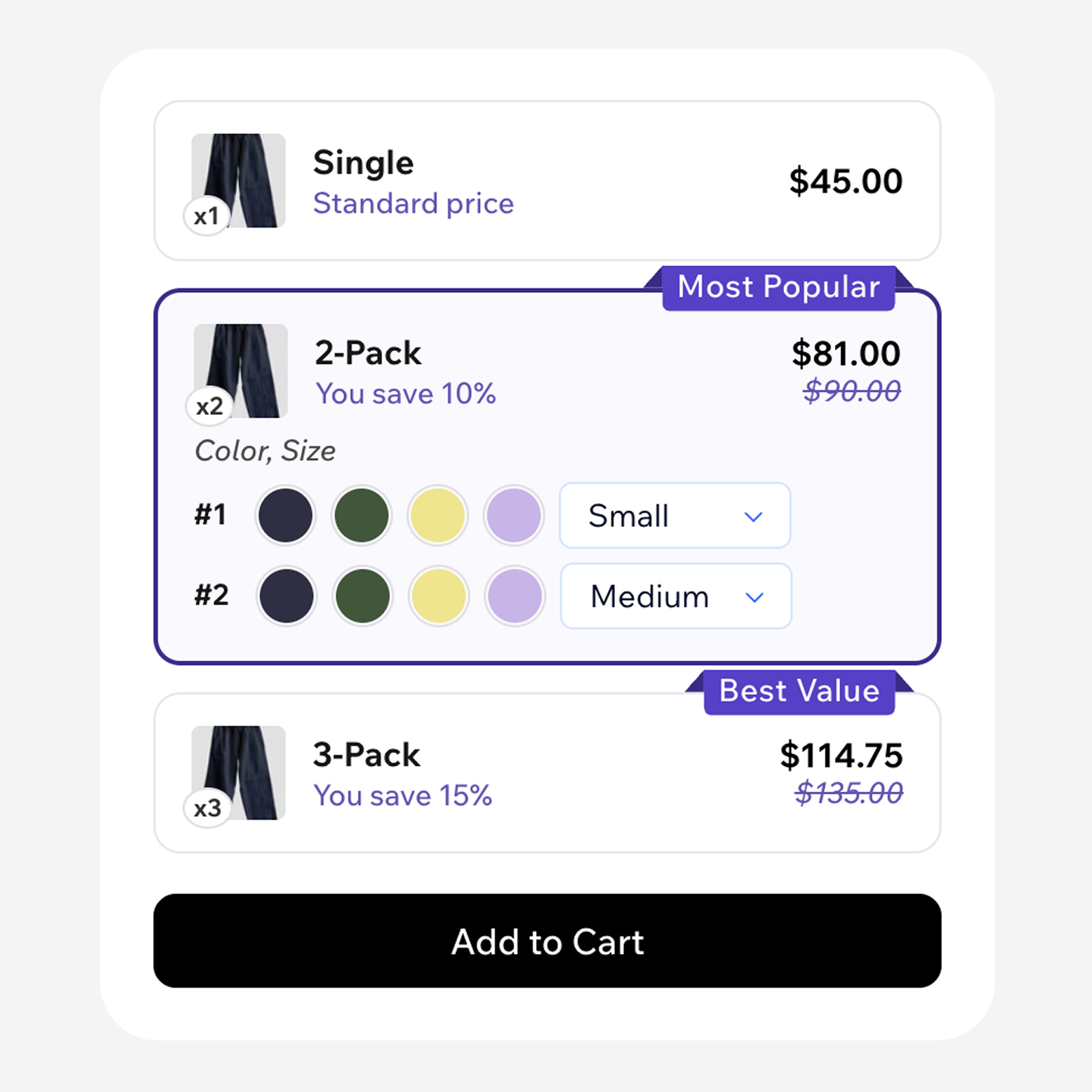 Volume discount bundle widget showing tiered pricing with variant selectors